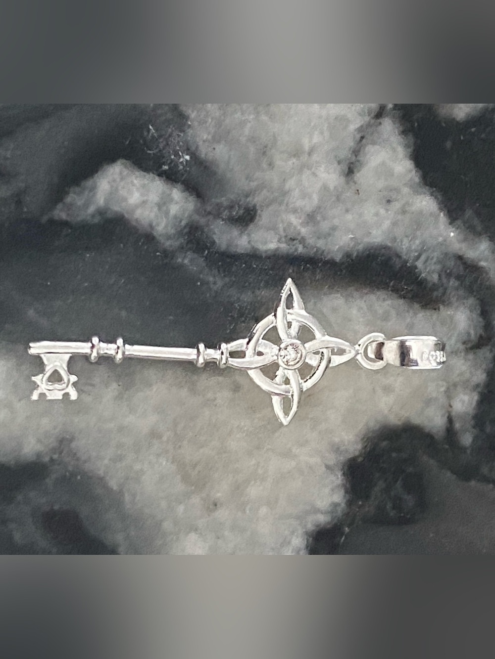 Sterling Key Charm w/ Witches Knot Bracelet Pendant in Silver 925 w/ Clear Stone